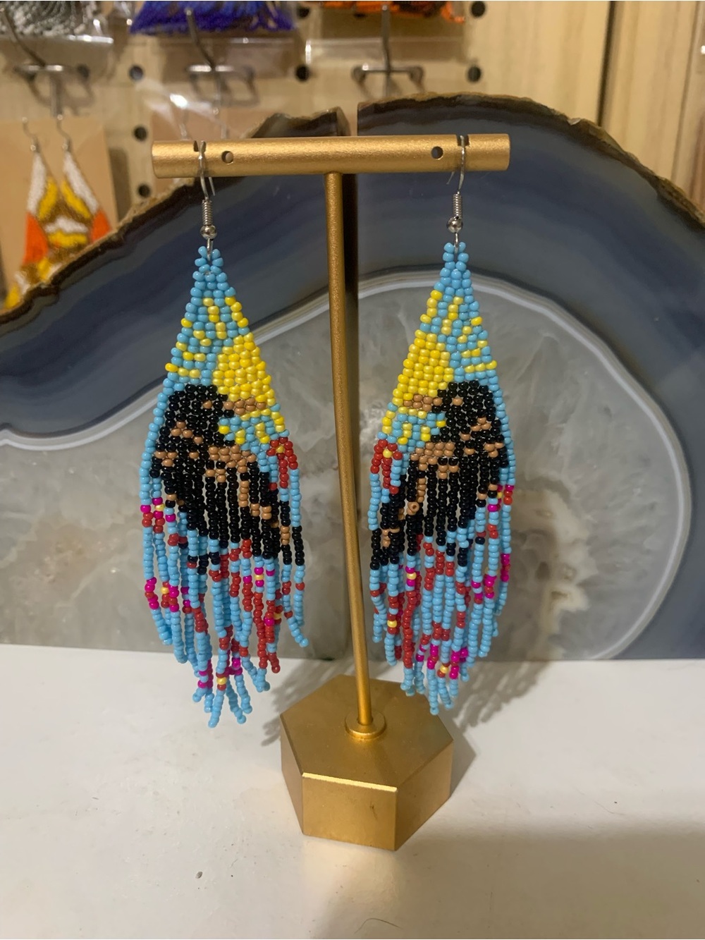 Handmade Blue Beaded Fringe Earrings with Yellow and Black Accents